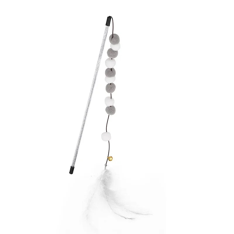 Interactive Cat Toy Pompom Feather Wand Teaser Stick for Indoor Cats Kitten Play Exercise