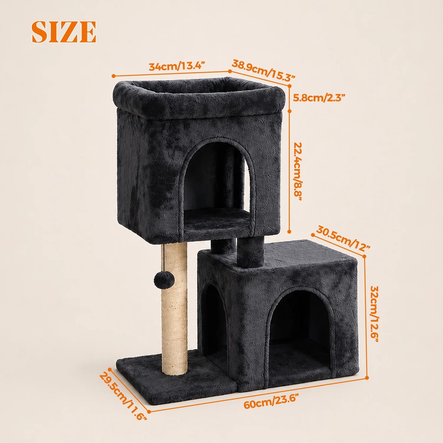 30-Inch Cat Tree with 2 Cozy Condos Sisal Scratching Post Soft Top Perch Hanging Pompom Small Cat Tower for Indoor Kitten Furniture House Cat Toys