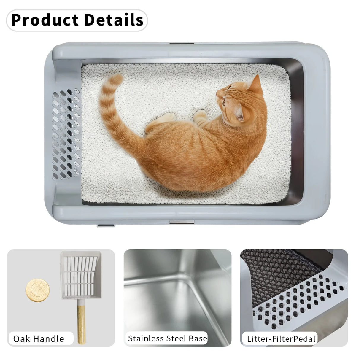 Large Stainless Steel Cat Litter Box High Sided Open Litter Pan with Litter Mat and Scoop for Big Cats Toilets