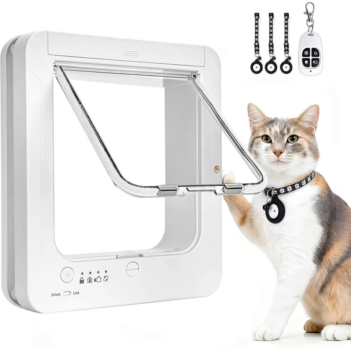 RFID Smart Cat Door Collar Activated Automatic Microchip Pet Flap 4 Way Controllable Direction Anti-Pinch Safe Electronic Sensing Pet Door Easy Install for Wood Glass Sliding Door Home Use