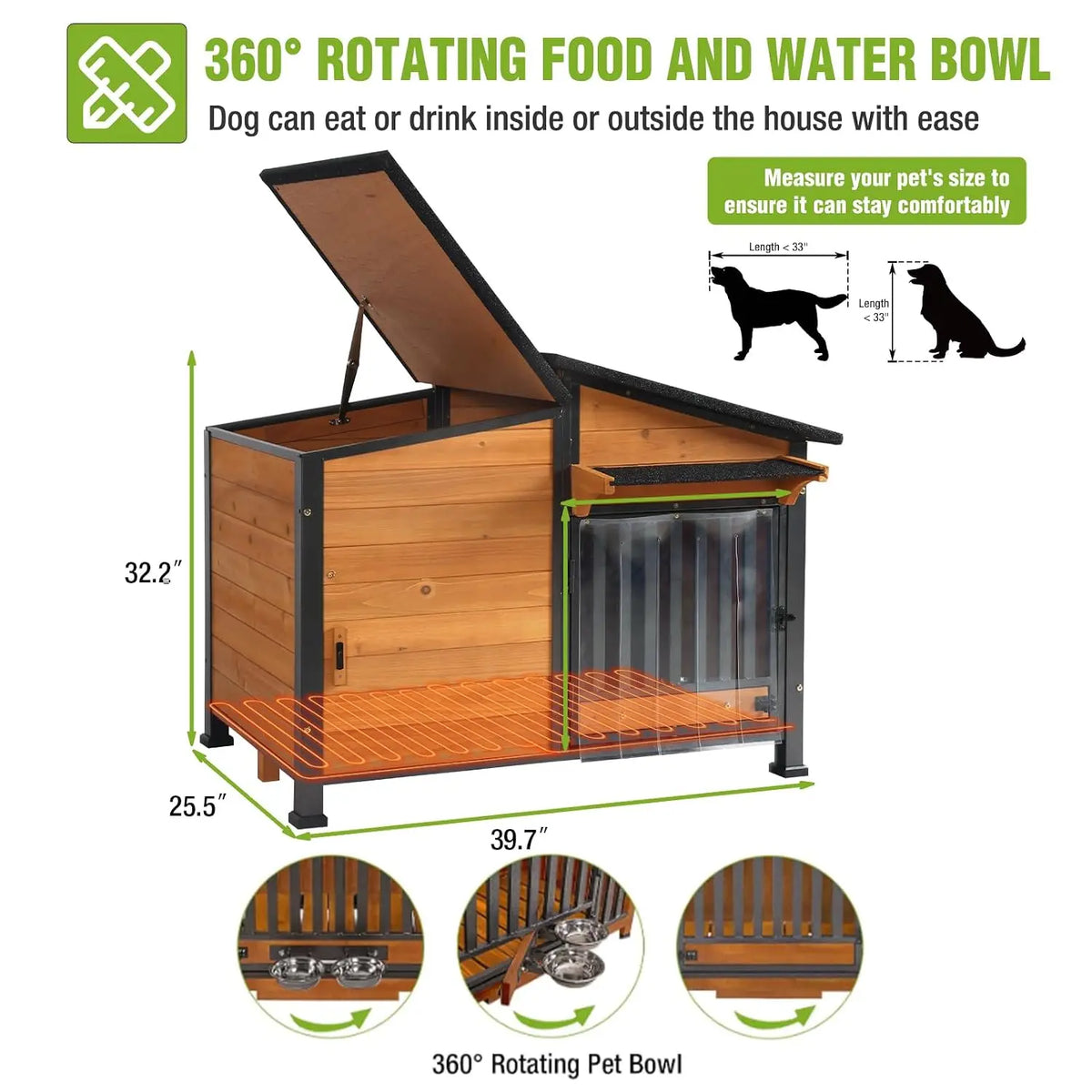 39.7" L Heated Dog House Outdoor Insulated Winter Dog Kennel with Thermostat-Controlled Heating Pad, Chew-Proof Metal Frame and