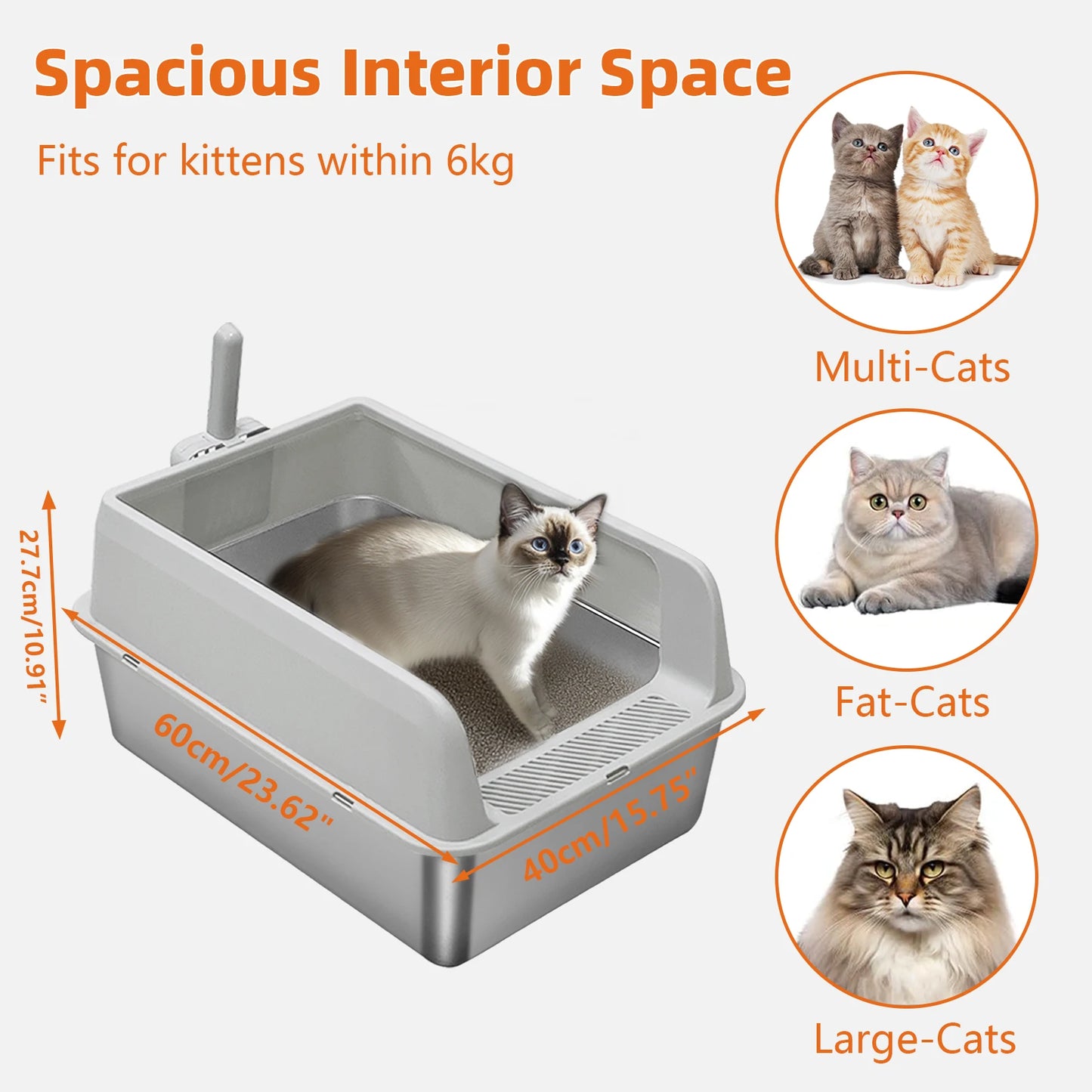 Stainless Steel Cat Litter Box Semi Open High Sided Cat Litter Pan Easy Clean