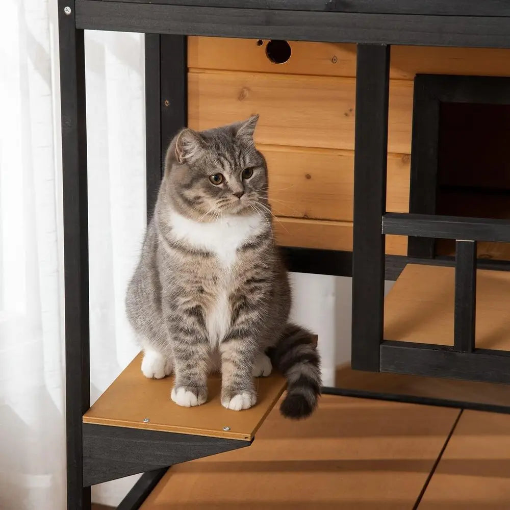 Wooden Outdoor Cat House, eral Cat Shelter Kitten Condo with Asphalt Roo, Ese Do, Condo, Jumping Platorm, Yellow