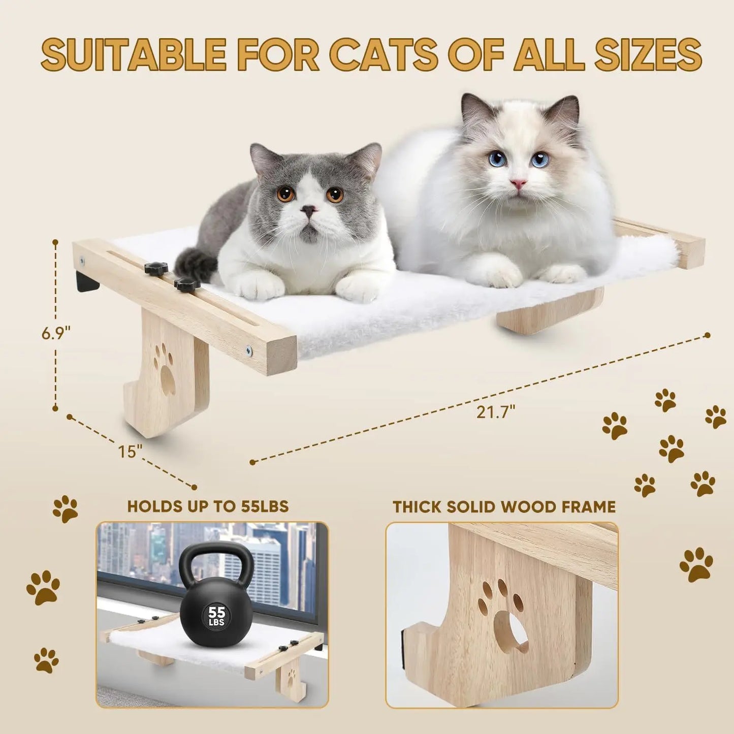Cat Window Sill, Cat Window Hammock, Suitable for Indoor Cats, Wooden and Metal Frame, Easy to Adjust Window Sill, Bedside