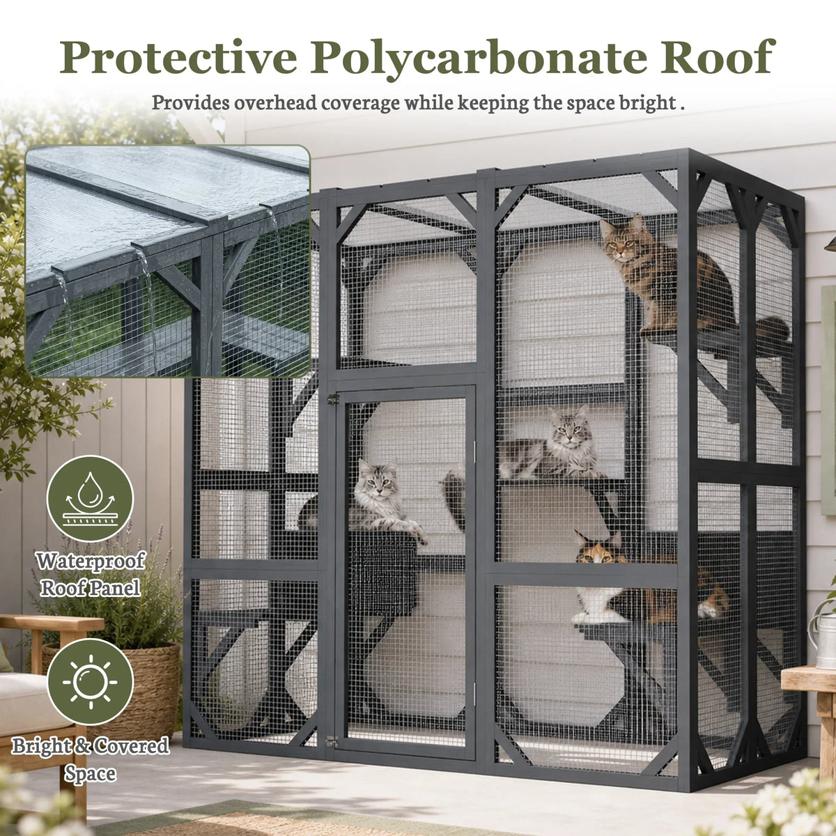 Large Wooden Catio Outdoor Cat Enclosure Walk-in Cat House with Platforms & Rest Box Weatherproof Cat Cage for Multiple Cats