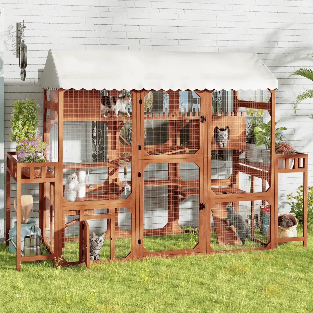 Large Outdoor Cat Enclosure Wooden Catio with Plant Stands, Weather-Resistant Roof, Resting Box & Climbing Ramps, Multi-Level Cat Playpen with Wire Mesh for Backyard Patio, Brown