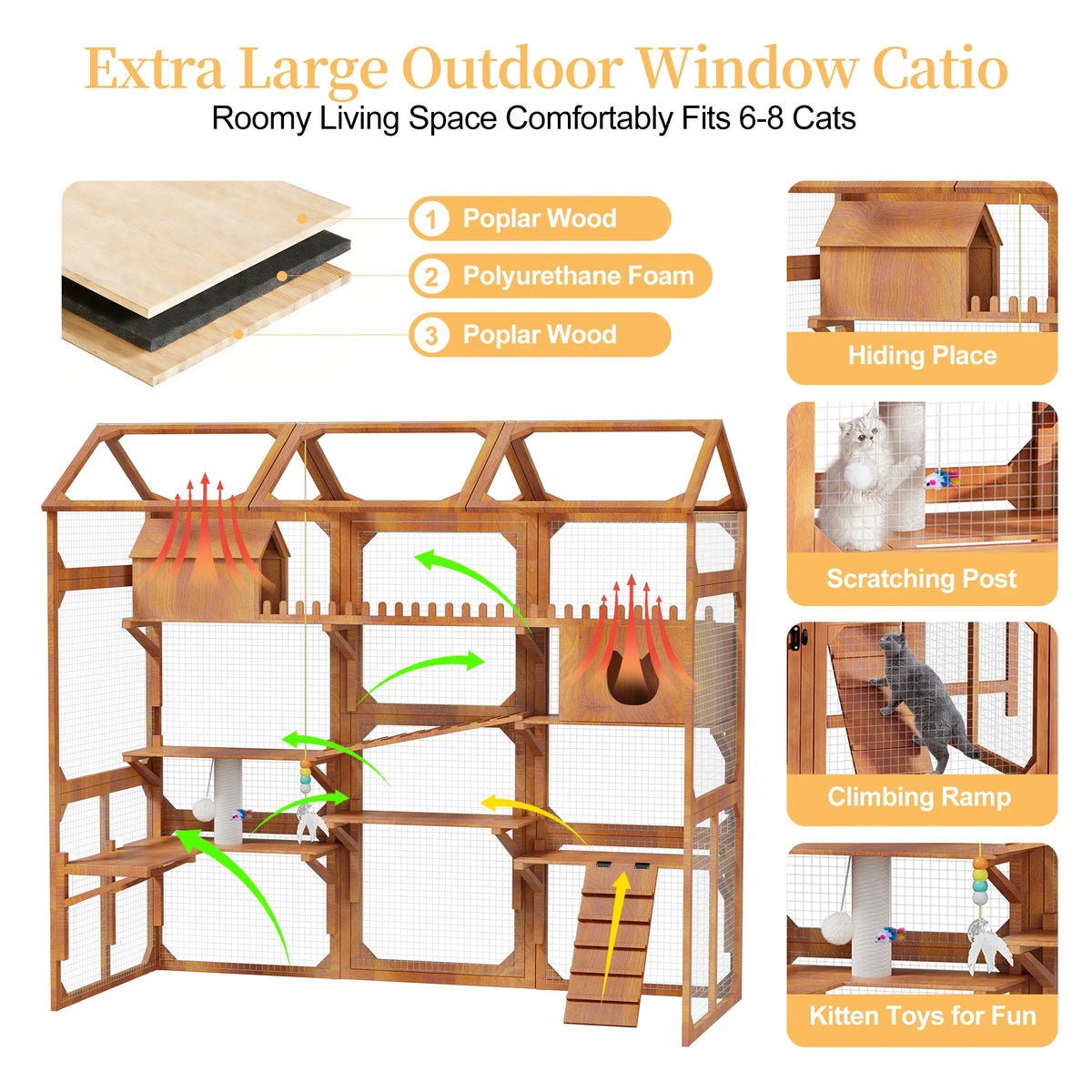 Large Outdoor Cat Enclosure Wooden Catio with Plant Stands, Weather-Resistant Roof, Resting Box & Climbing Ramps, Multi-Level Cat Playpen with Wire Mesh for Backyard Patio, Brown