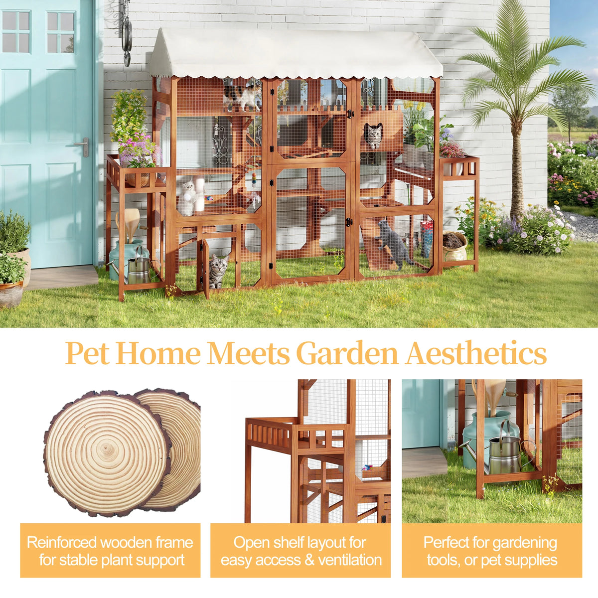 Large Outdoor Cat Enclosure Wooden Catio with Plant Stands, Weather-Resistant Roof, Resting Box & Climbing Ramps, Multi-Level Cat Playpen with Wire Mesh for Backyard Patio, Brown