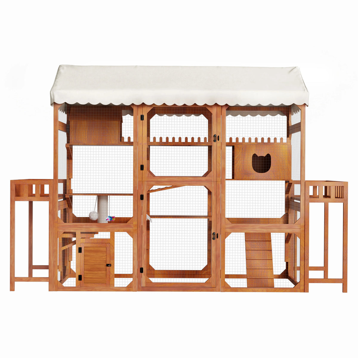 Large Outdoor Cat Enclosure Wooden Catio with Plant Stands, Weather-Resistant Roof, Resting Box & Climbing Ramps, Multi-Level Cat Playpen with Wire Mesh for Backyard Patio, Brown