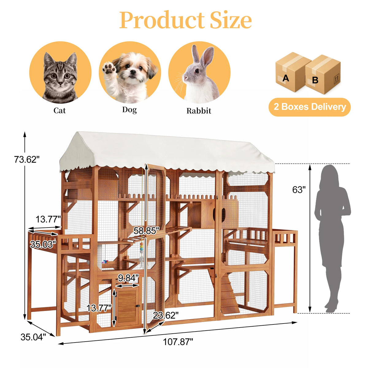 Large Outdoor Cat Enclosure Wooden Catio with Plant Stands, Weather-Resistant Roof, Resting Box & Climbing Ramps, Multi-Level Cat Playpen with Wire Mesh for Backyard Patio, Brown