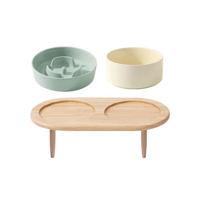 Small Dog Slow Feed Bowl Elevated Cat Drinking Eating Ceramic Bowls with Wooden Stand Pet Anti-Gulping Feeding Food Water Plate