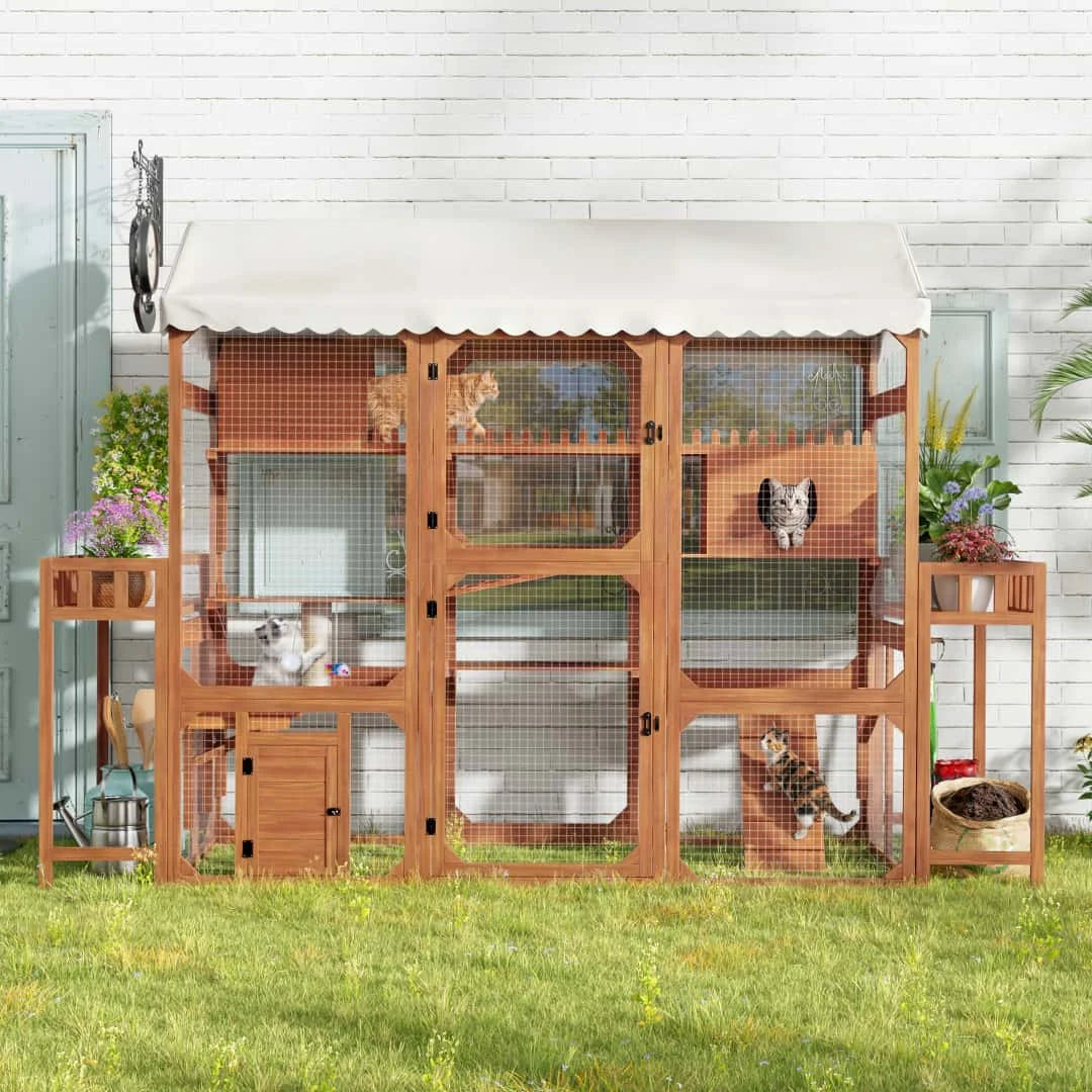 Large Outdoor Cat Enclosure Wooden Catio with Plant Stands, Weather-Resistant Roof, Resting Box & Climbing Ramps, Multi-Level Cat Playpen with Wire Mesh for Backyard Patio, Brown