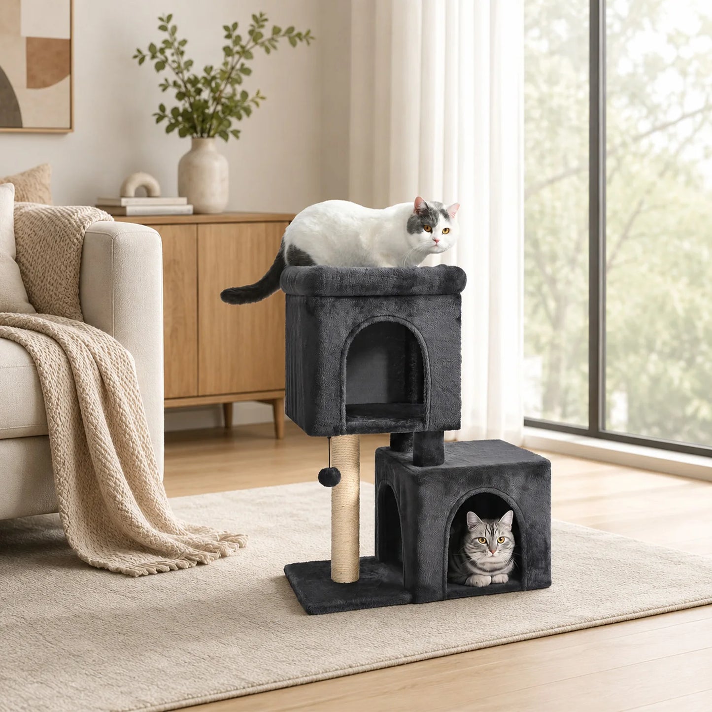 30-Inch Cat Tree with 2 Cozy Condos Sisal Scratching Post Soft Top Perch Hanging Pompom Small Cat Tower for Indoor Kitten Furniture House Cat Toys
