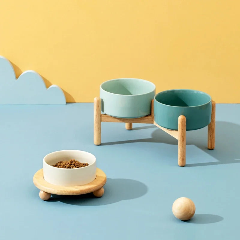 Big Dogs Bowl Double Ceramic Elevated Pet Food Water Bowl Small Medium Large Dog Feeding Supplies with Wooden Stand