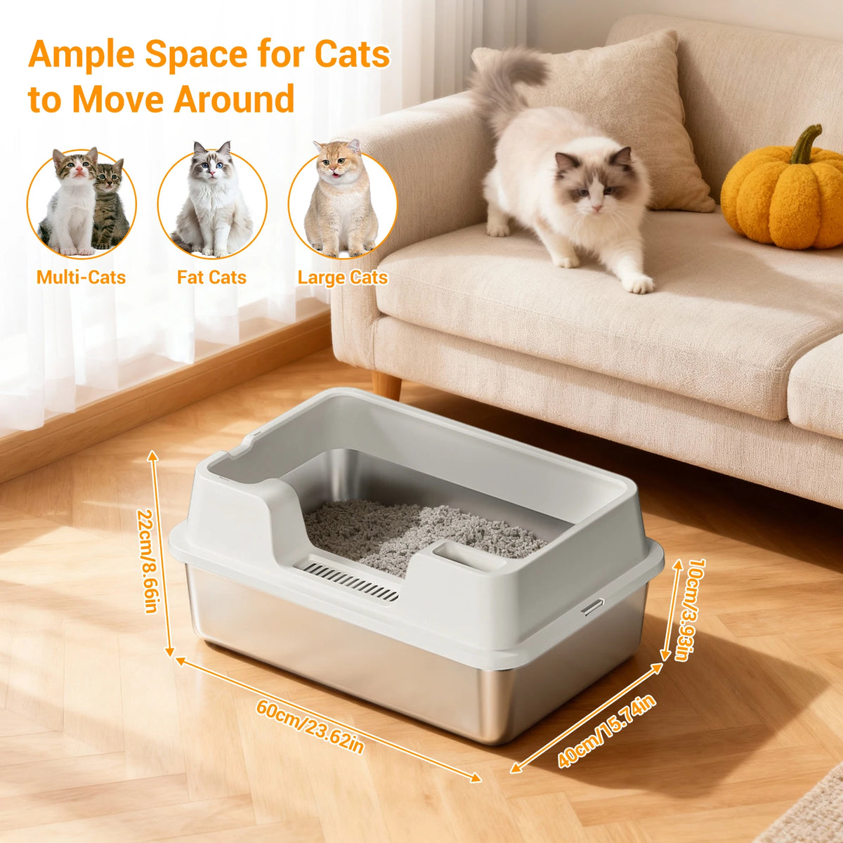 Stainless Steel Cat Litter Box, Semi-Enclosed Cat Litter Tray, Anti-Splash High Sided Cat Litter Box, Non-Sticky, Easy Cleaning