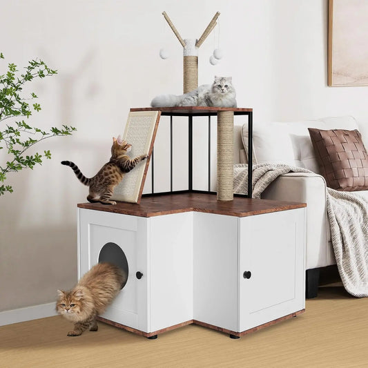 Garvee Wood L-Shaped Cat Corner Shelf Scratching Post & Play Tower 2 in 1 Wood Cat Activity Tree with Hanging Balls, Space-Saving  w/Storage Cabinet