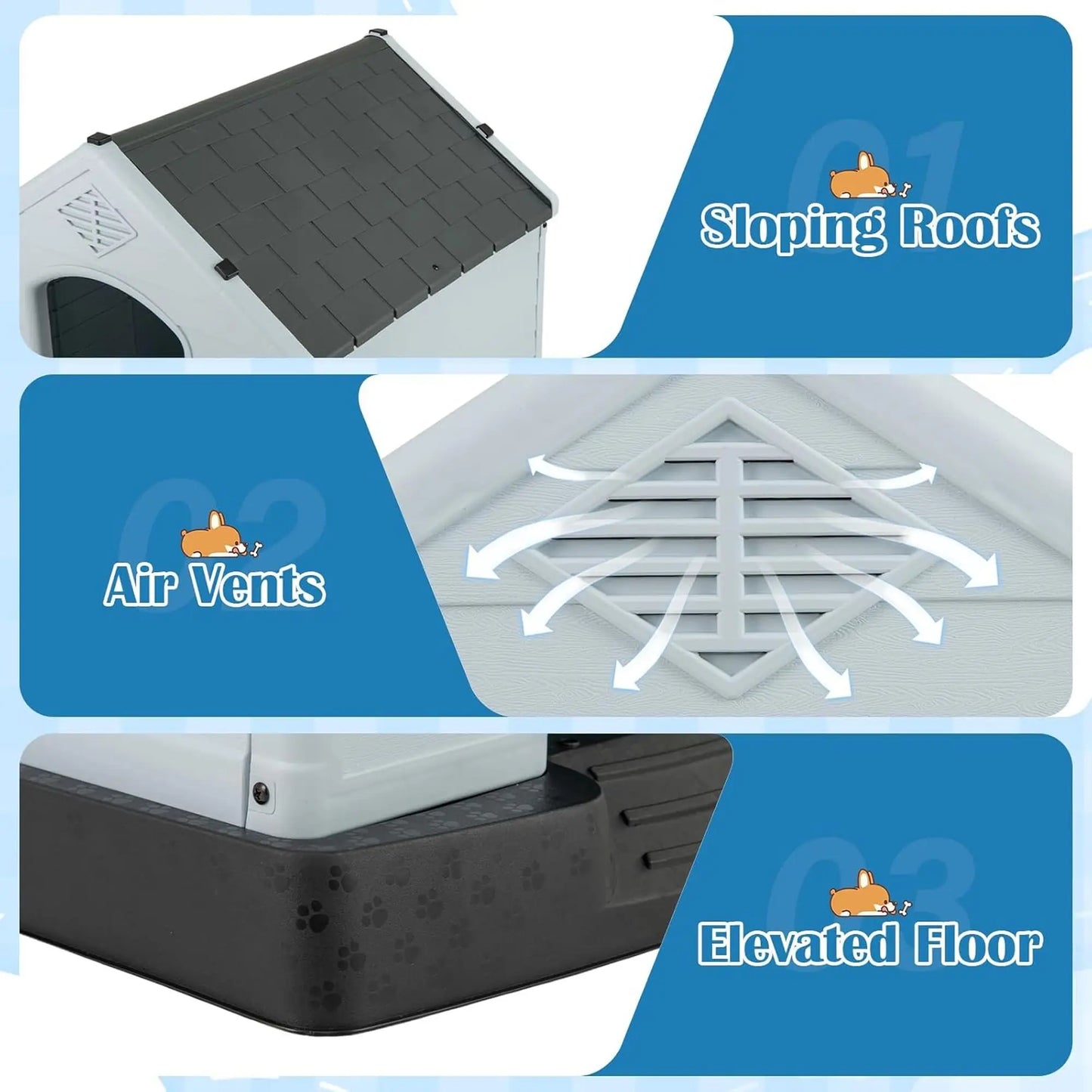 Plastic Dog House Outdoor, Waterproof Indoor Pet House for Small/Medium Pet with Sloping Roof, Air Vents and Elevated Base,