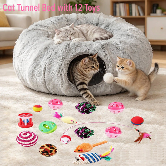 Large Cat Tunnel Bed with 12 Toys, 2-in-1 Donut Plush Cat Cave Tube, Collapsible Grey Cat Tunnel for Indoor Cats, Kitten Play & Rest