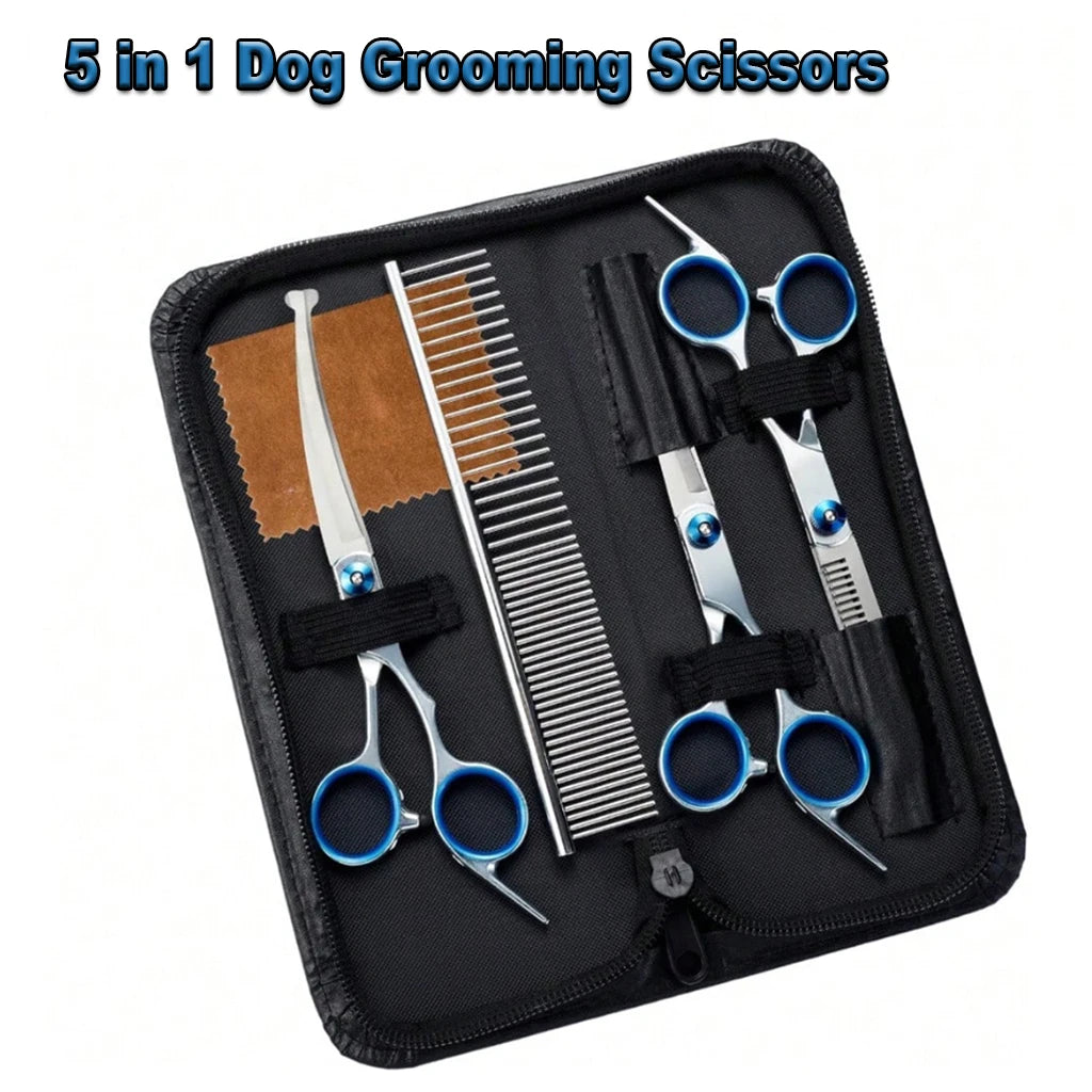 Professional Pet Grooming Scissors Kit Stainless Steel Dog Cat Hair Cutting Thinning Curved Straight Trimmer Shears with Comb & Case