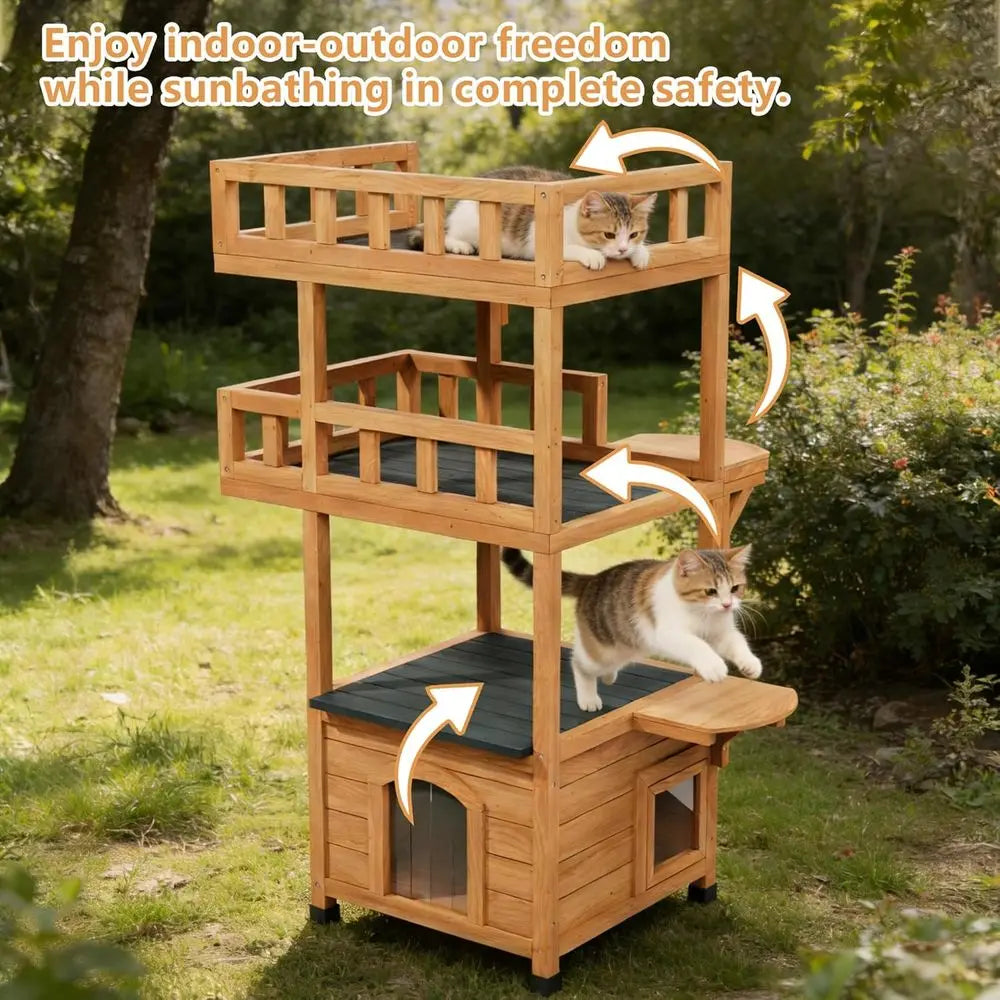 Multi-Tier Outside Cat Tree Tower Weatherproo with Enclosed Condo & Jumping Platorms, Wooden Cat House eral Cat Shelter or Multi
