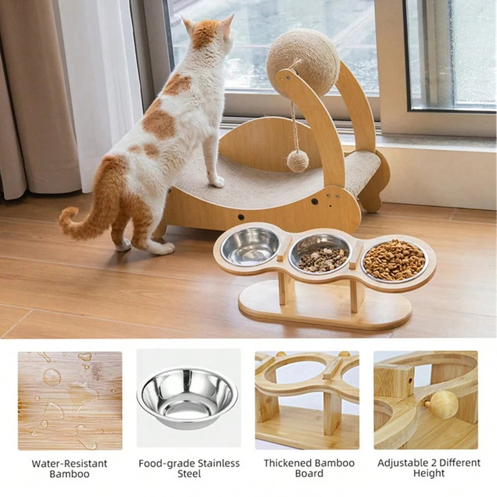 Cat 3 Bowls in 1 Raised Feeder with Silicone Food Mat 15-Degree Tilt Elevated Wood Stand 3 Stainless Steel Bowls Puppy Cat Feeding Watering Supplies