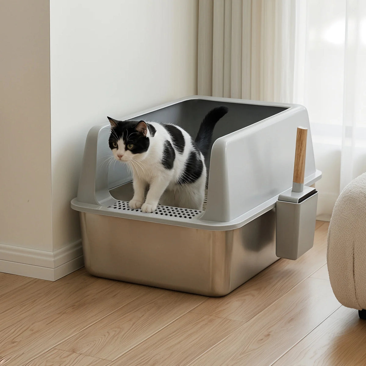 Large Stainless Steel Cat Litter Box High Sided Open Litter Pan with Litter Mat and Scoop for Big Cats Toilets