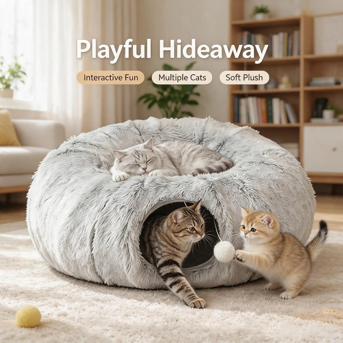 Large Cat Tunnel Bed with 12 Toys, 2-in-1 Donut Plush Cat Cave Tube, Collapsible Grey Cat Tunnel for Indoor Cats, Kitten Play & Rest