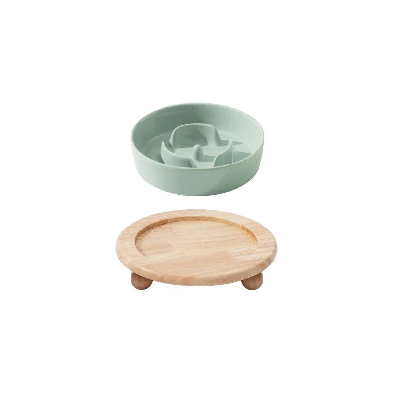 Small Dog Slow Feed Bowl Elevated Cat Drinking Eating Ceramic Bowls with Wooden Stand Pet Anti-Gulping Feeding Food Water Plate