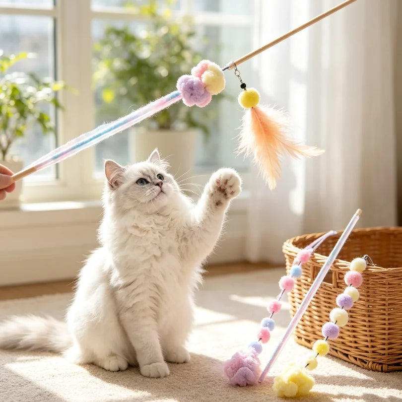 Cat Toys 1pcs Interactive Stick Feather Toys Kitten Teasing Durable Playing Plush Ball Pet Supplies Feather cat teasing stick