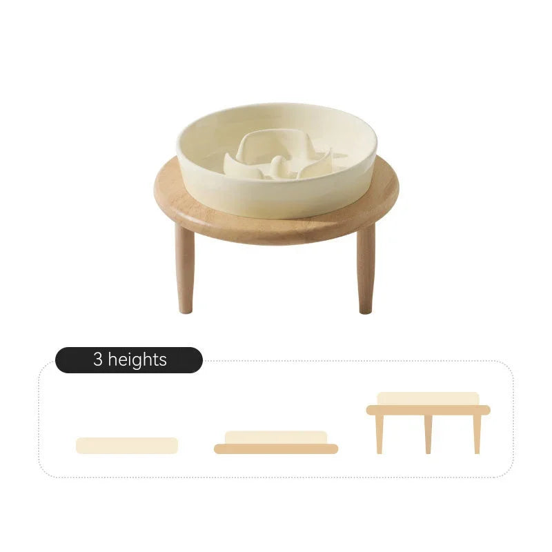 Small Dog Slow Feed Bowl Elevated Cat Drinking Eating Ceramic Bowls with Wooden Stand Pet Anti-Gulping Feeding Food Water Plate