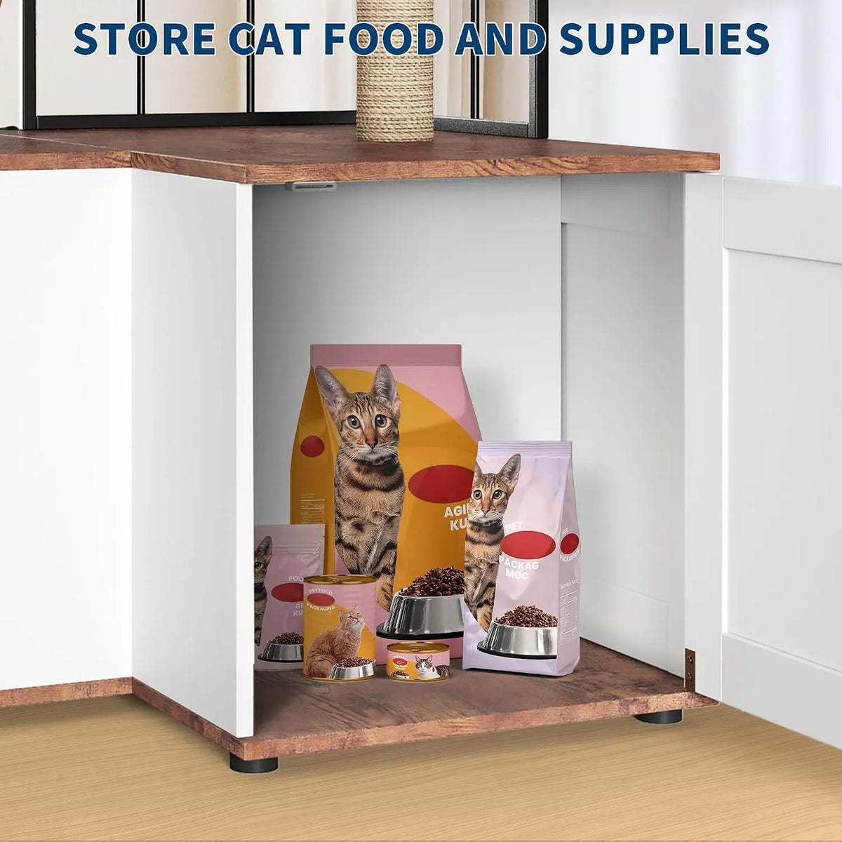 Garvee Wood L-Shaped Cat Corner Shelf Scratching Post & Play Tower 2 in 1 Wood Cat Activity Tree with Hanging Balls, Space-Saving  w/Storage Cabinet