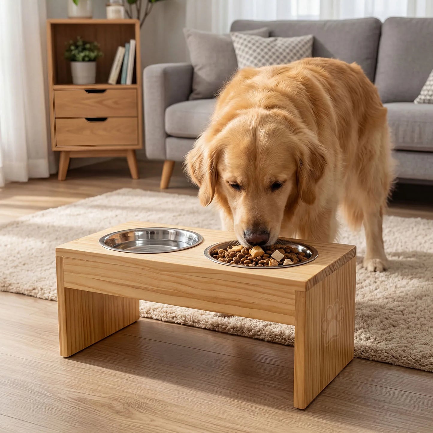 Wooden Elevated Dog Bowls, Raised Pet Feeder with Stainless Steel Double Bowls, Non-Slip Dog Food Water Stand for Medium Large Dogs