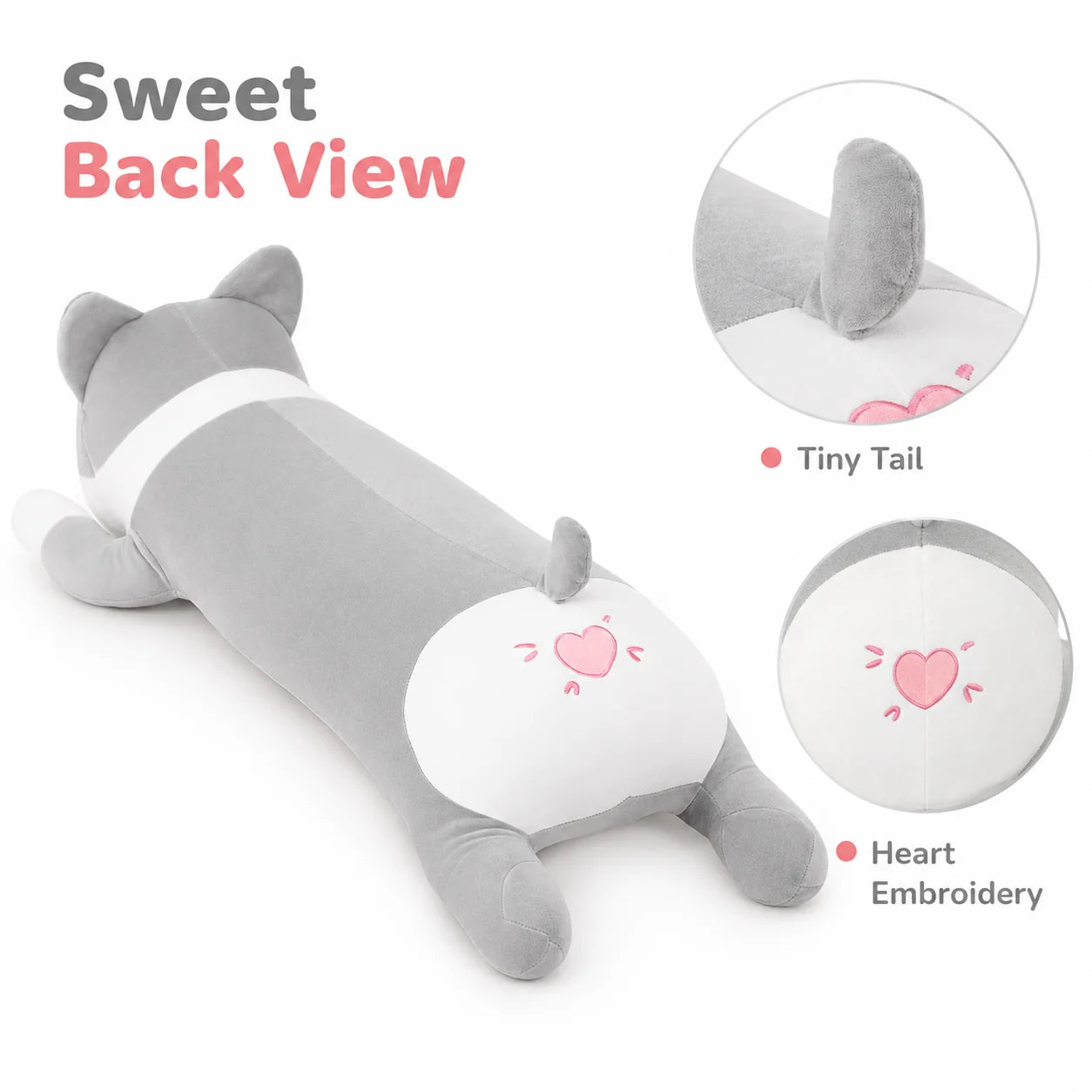 Wholesale 24''/39'' Grey Corgi Plush Pillow Laying Down, Bulk Stuffed Dog with Sassy Face, Soft Kawaii Long Cushion, 2/3/5 Packs for Resellers