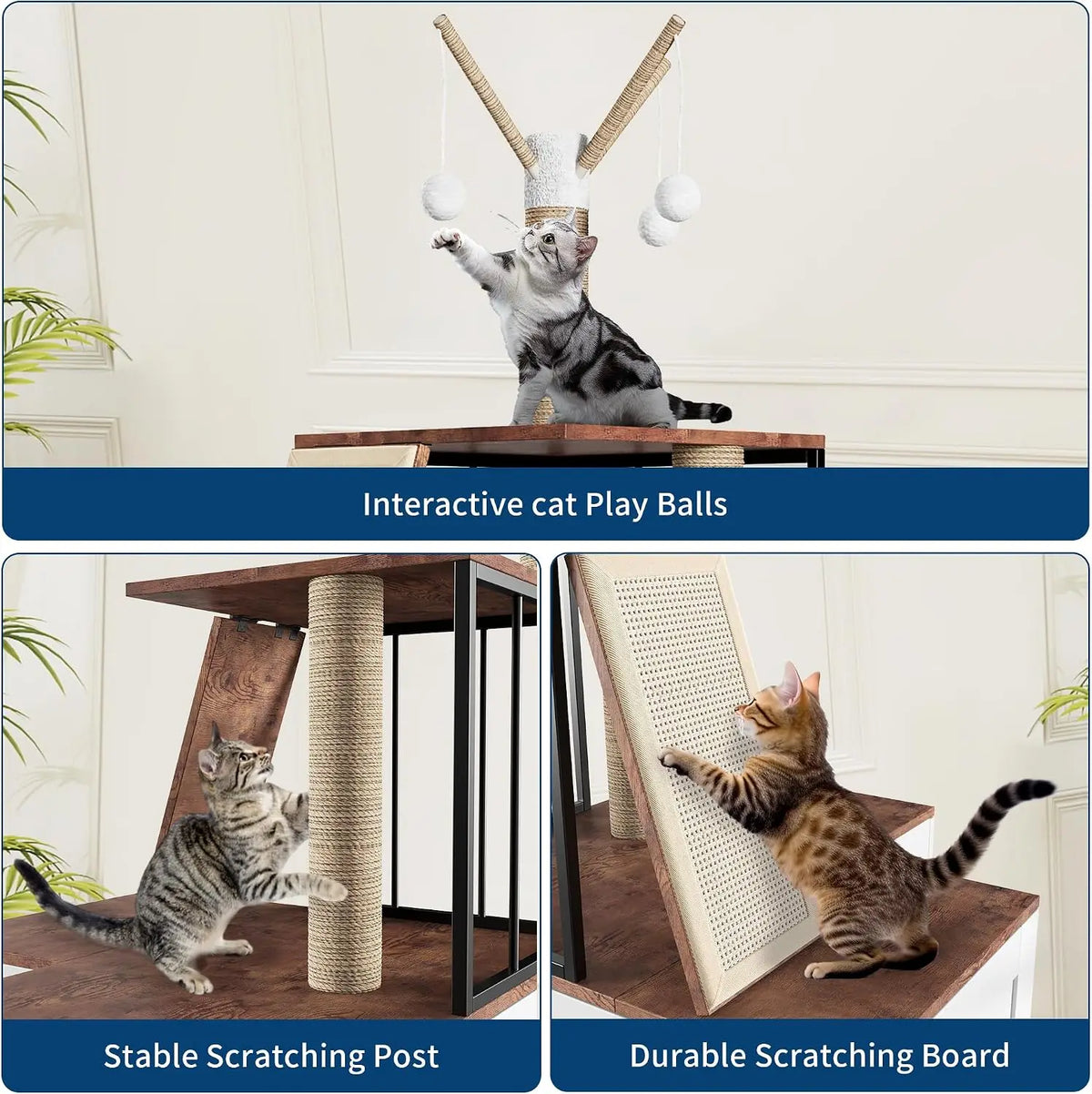 Garvee Wood L-Shaped Cat Corner Shelf Scratching Post & Play Tower 2 in 1 Wood Cat Activity Tree with Hanging Balls, Space-Saving  w/Storage Cabinet