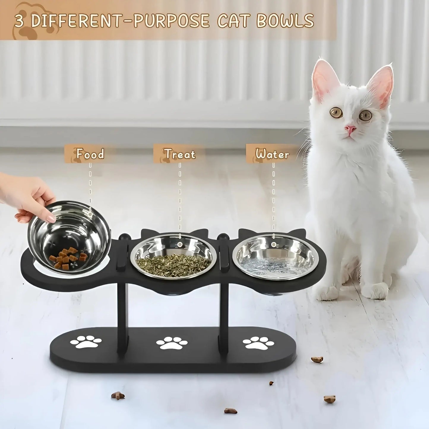 Elevated Cat Food Bowl with Black Wooden Support Frame Stainless Steel Cats Bowls 15° Stand Sloped Feeding & Watering Supplies