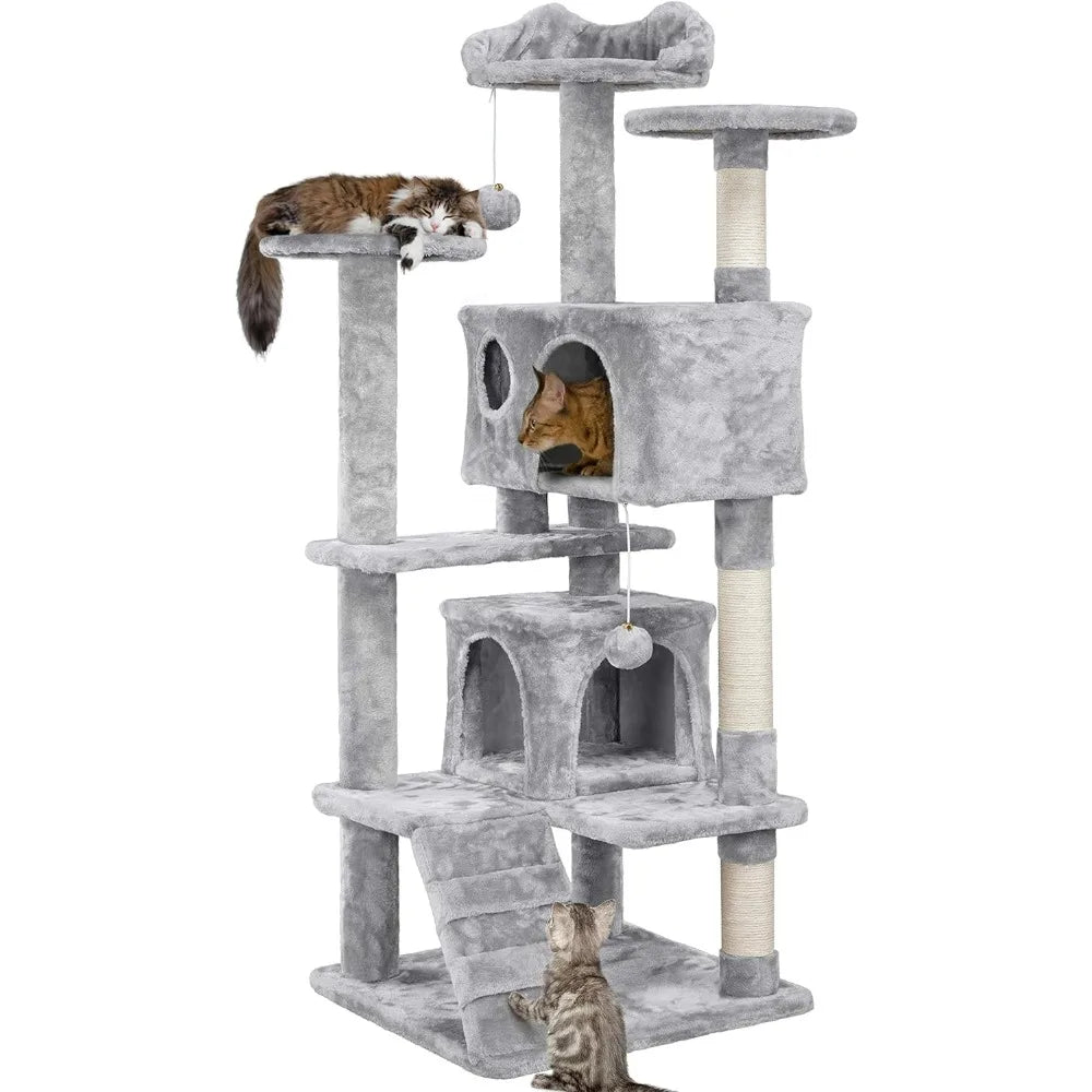 Cat Tree Cat Tower w/Scratching Posts, Double Condos and Dangling Balls Kittens Pet House Play, Light Gray