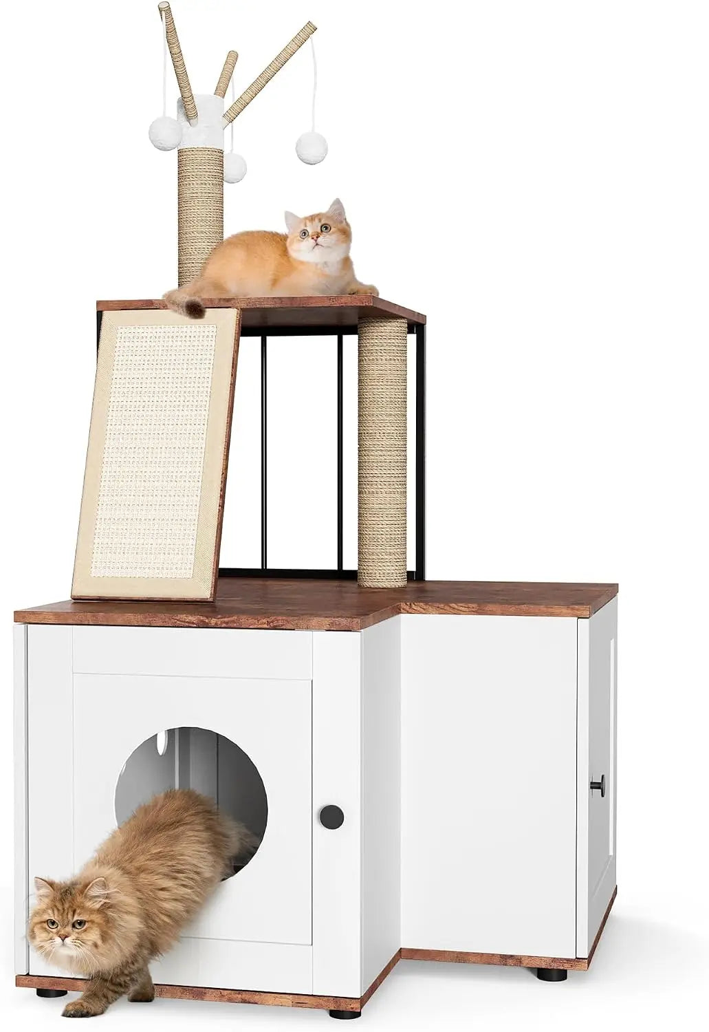 Garvee Wood L-Shaped Cat Corner Shelf Scratching Post & Play Tower 2 in 1 Wood Cat Activity Tree with Hanging Balls, Space-Saving  w/Storage Cabinet