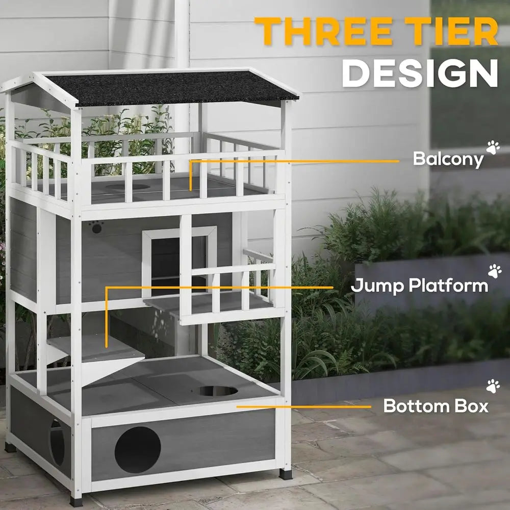 Gray Outdoor Cat Shelter with Roof, Condo, and Jumping Platform