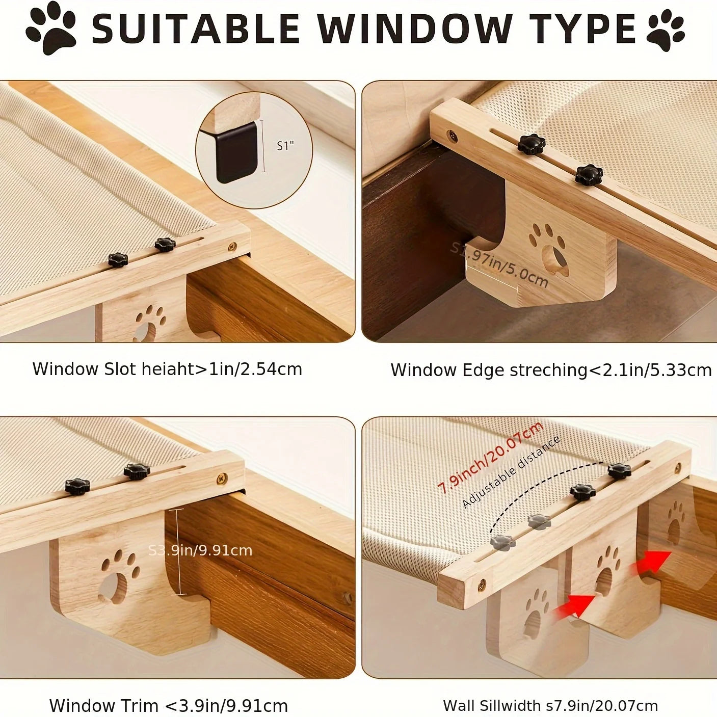 Cat Window Sill, Cat Window Hammock, Suitable for Indoor Cats, Wooden and Metal Frame, Easy to Adjust Window Sill, Bedside