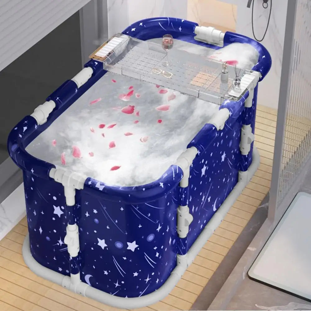 Starry Blue Large Foldable Bathtub with Plastic Frame Collapsible Bathtub Family SPA Soaking Tub for Shower