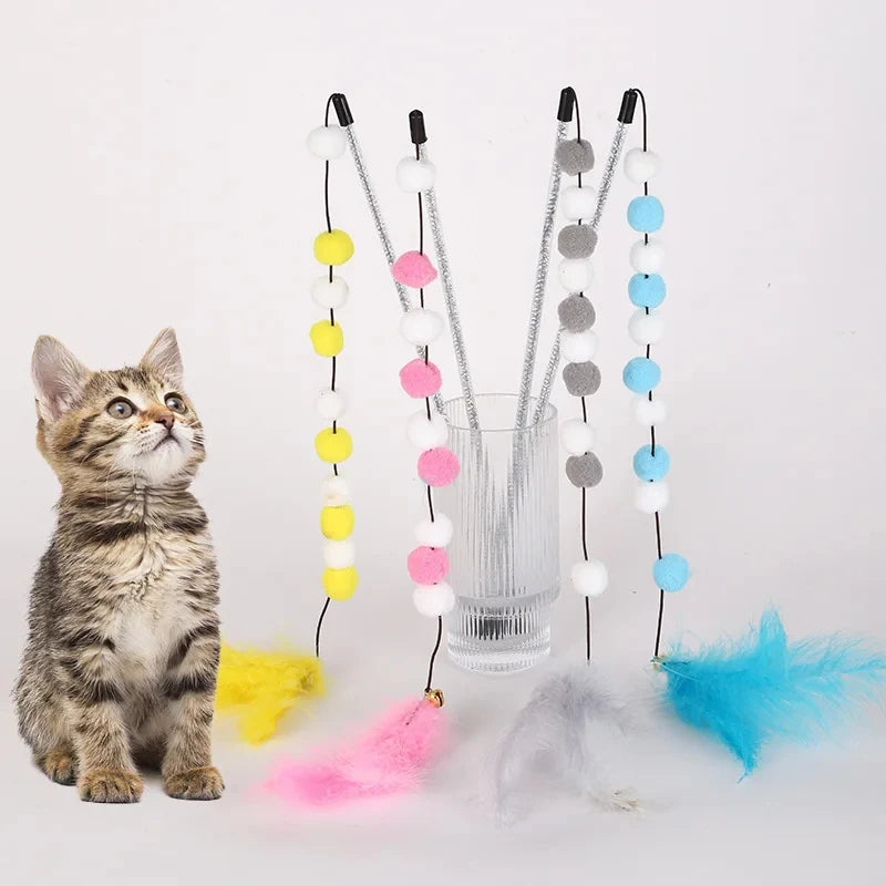 Interactive Cat Toy Pompom Feather Wand Teaser Stick for Indoor Cats Kitten Play Exercise