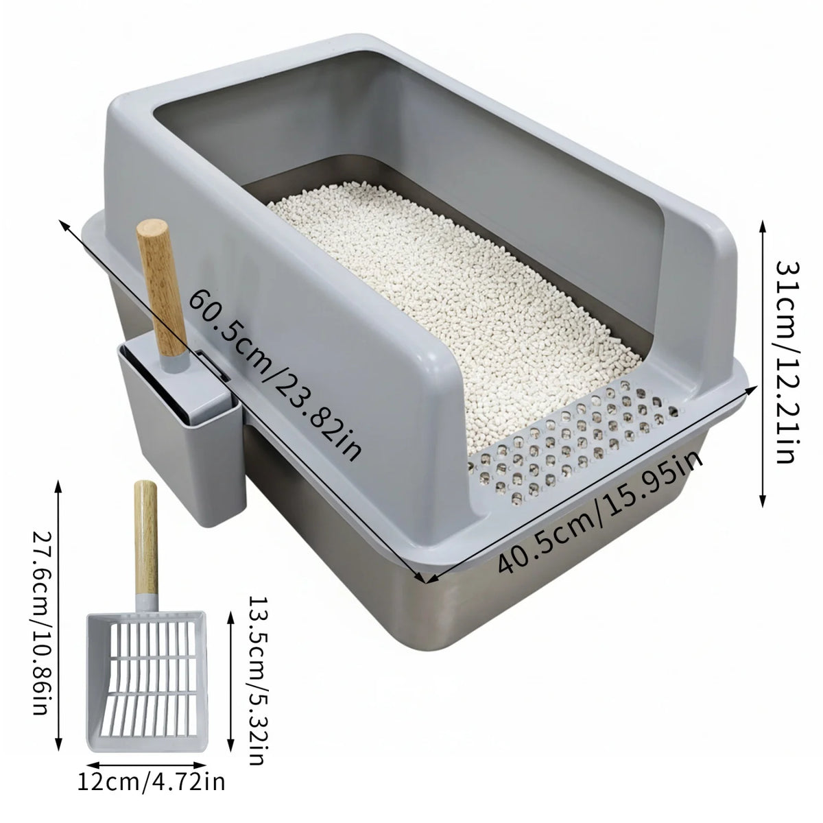 Large Stainless Steel Cat Litter Box High Sided Open Litter Pan with Litter Mat and Scoop for Big Cats Toilets