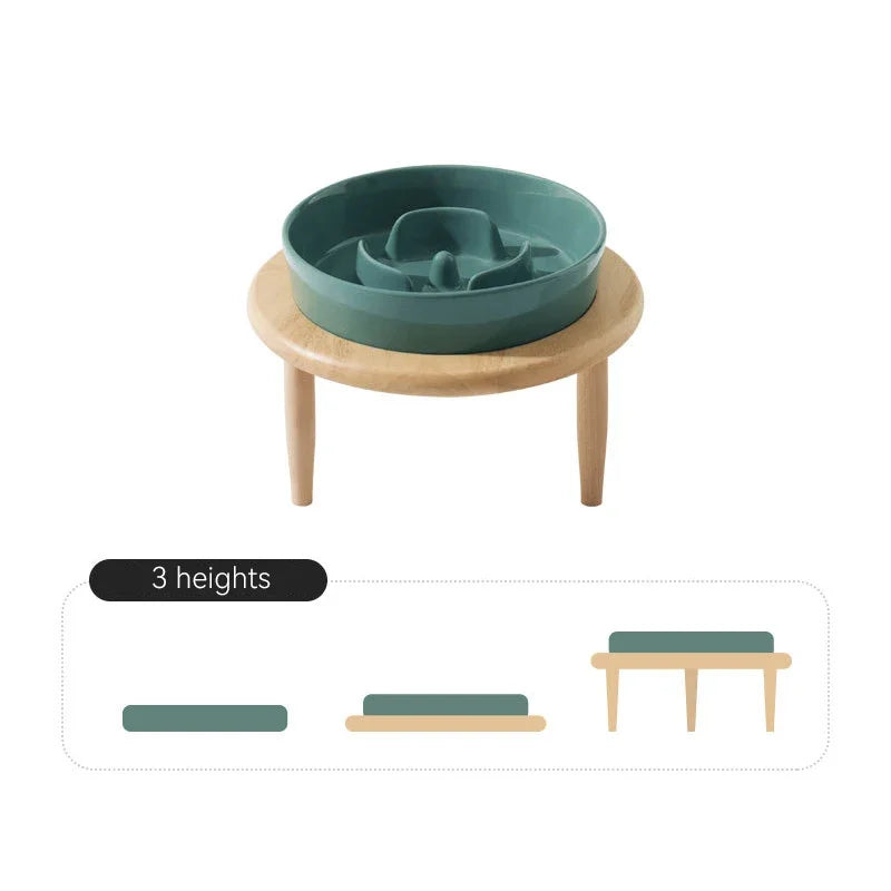 Small Dog Slow Feed Bowl Elevated Cat Drinking Eating Ceramic Bowls with Wooden Stand Pet Anti-Gulping Feeding Food Water Plate