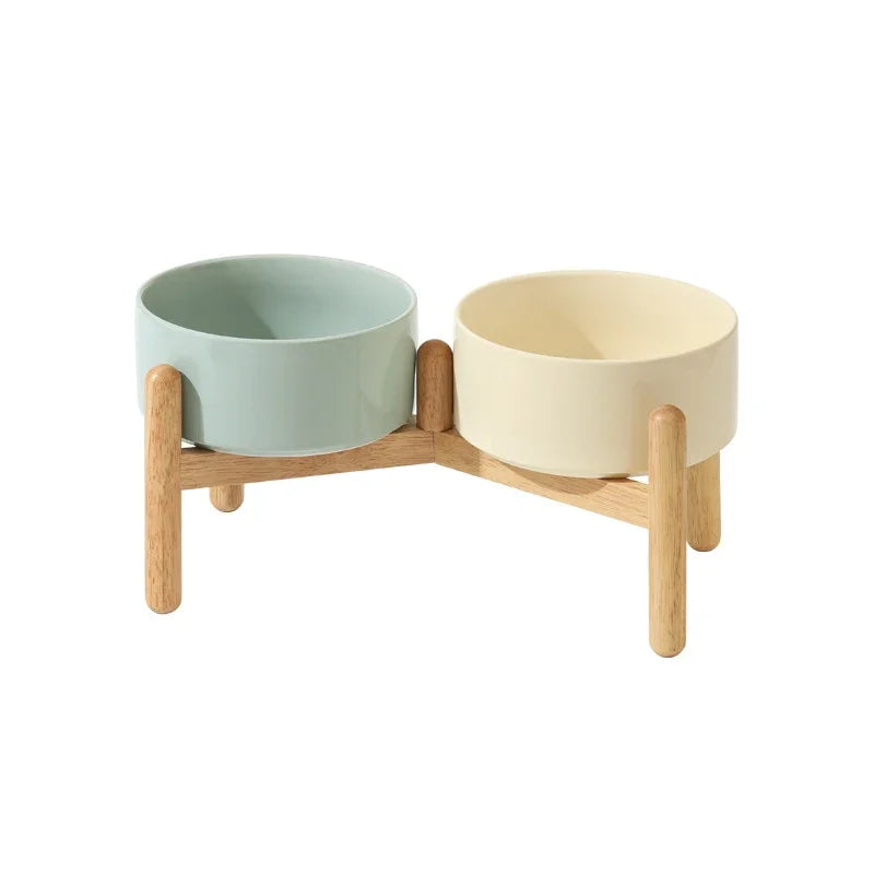 Big Dogs Bowl Double Ceramic Elevated Pet Food Water Bowl Small Medium Large Dog Feeding Supplies with Wooden Stand