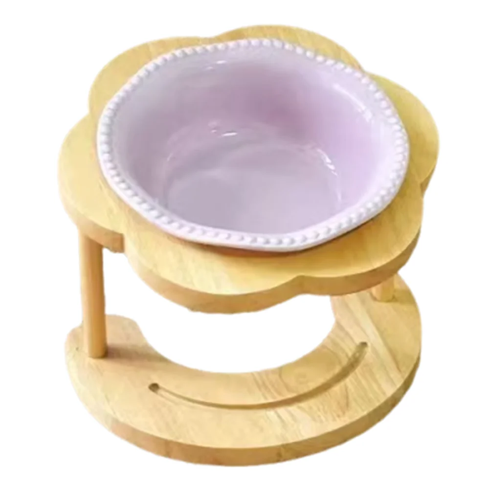 Anti Vomiting Ceramic Cat Bowl 15 Degree Inclined Anti Slip Cat Feeding Station Flower Shaped with Wooden Stand