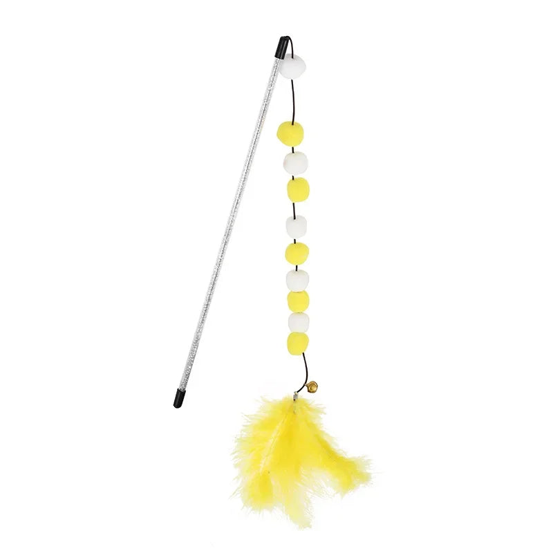 Interactive Cat Toy Pompom Feather Wand Teaser Stick for Indoor Cats Kitten Play Exercise