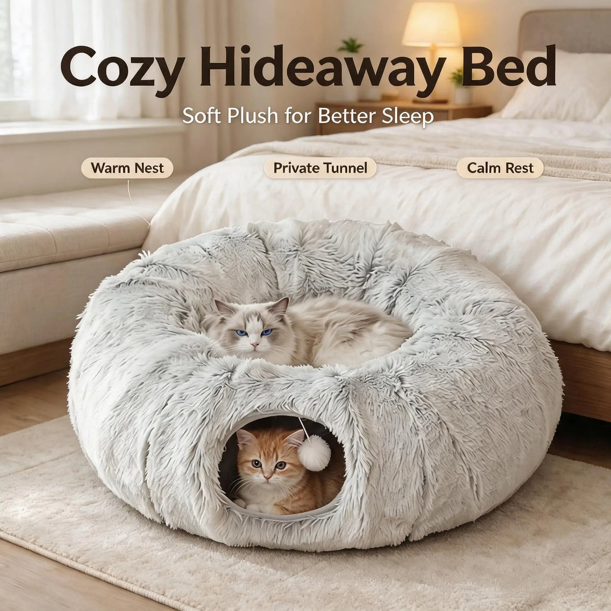 Large Cat Tunnel Bed with 12 Toys, 2-in-1 Donut Plush Cat Cave Tube, Collapsible Grey Cat Tunnel for Indoor Cats, Kitten Play & Rest