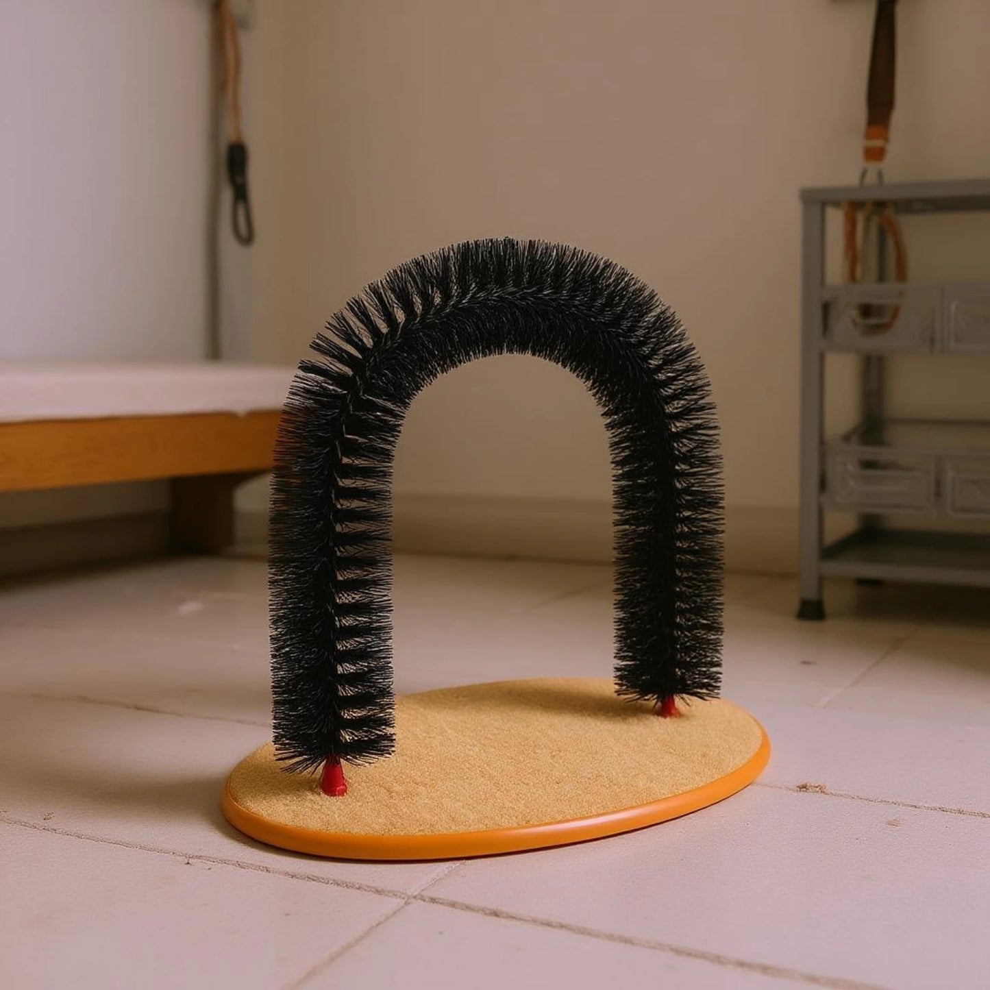 Feline Arch Scratcher Dense Bristles Feline Grooming Arch Bristle Scratcher Orange-Edged Rim Pet Accessory 3 in 1