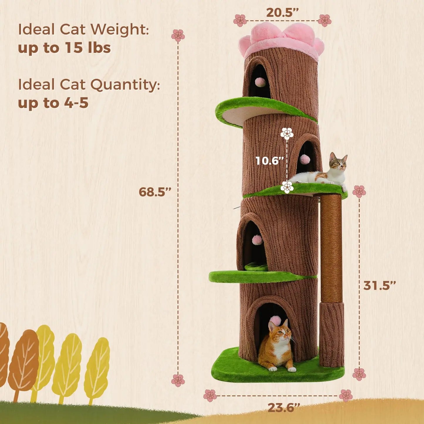68.5" Cat Tree Tower with 4 Condos & Flower Top Bed, 3.8in Sisal Post, Heavy Duty, Multi-cat, Brown, Customized