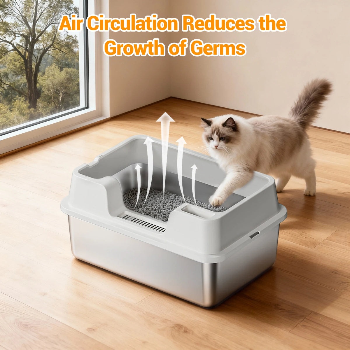 Stainless Steel Cat Litter Box, Semi-Enclosed Cat Litter Tray, Anti-Splash High Sided Cat Litter Box, Non-Sticky, Easy Cleaning